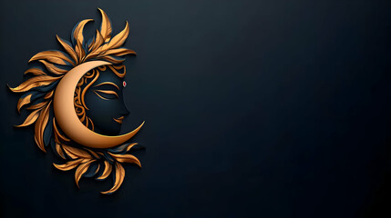 Wall Mural - Golden Celestial Woman Moon Sun Design, Dark Background,  Spiritual Art, Website Header. generative ai