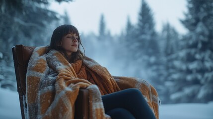 Wall Mural - Woman Sitting on Chair with Blanket