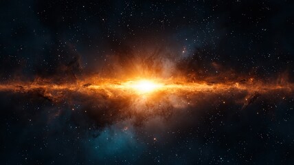 Wall Mural - galactic center gravity concept. A stunning cosmic scene featuring a bright orange starburst surrounded by dark space and twinkling stars, evoking the beauty of the universe.