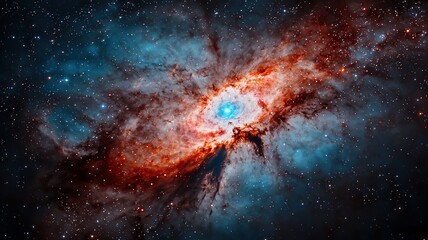 Wall Mural - galactic center gravity concept. A vibrant cosmic scene featuring swirling colors of blue, red, and orange, depicting a nebula amidst a star-filled galaxy.
