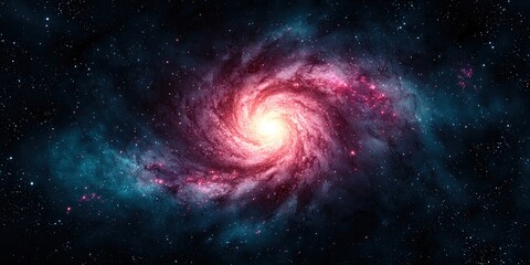 Wall Mural - galactic center gravity concept. A vibrant spiral galaxy with swirling pink and blue hues, set against a dark starry background, illustrating the beauty of the universe.