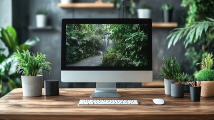 Wall Mural - Computer, plants, keyboard, mouse, wooden desk.