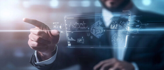 Poster - businessman interacts with futuristic digital interface displaying data analytics, graphs, and artificial intelligence elements, symbolizing innovation and technology in business