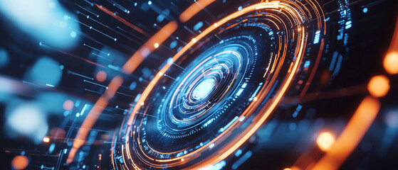 Aufkleber - Futuristic digital interface with glowing blue and orange circular patterns, representing advanced technology and innovation in virtual space
