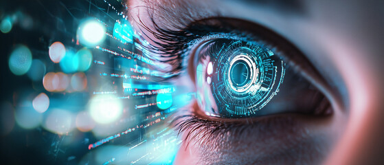 Poster - close up of human eye with futuristic digital elements, symbolizing artificial intelligence, technology, and innovation. glowing interface reflects data and advanced systems