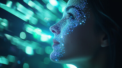 Aufkleber - woman gazes upward in futuristic setting, her face illuminated by glowing blue digital patterns, symbolizing technology and innovation. background features abstract light streaks