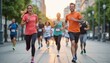 © Ina - Energetic runners participating in a city marathon at sunrise, showcasing teamwork and fitness