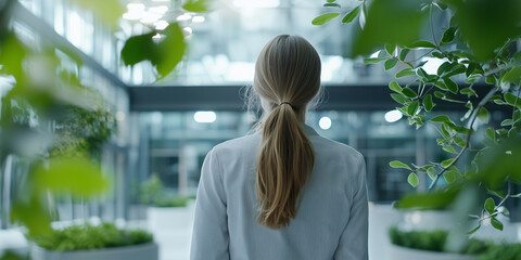Poster - woman with blonde hair tied in ponytail is seen from behind, walking through modern indoor space filled with greenery and natural light, creating serene atmosphere