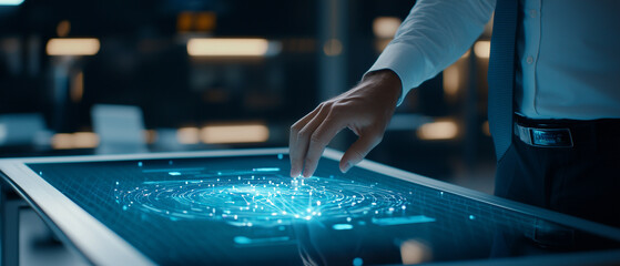 Poster - man interacts with futuristic touchscreen interface displaying glowing digital network in modern office setting, symbolizing advanced technology and innovation