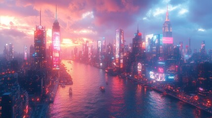 Canvas Print - Neon-lit futuristic cityscape, river at sunset.