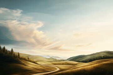 Wall Mural - serene landscape with rolling hills, soft clouds, and lush greenery under a tranquil sky at golden h