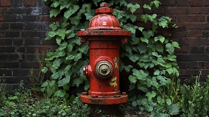 Canvas Print - Red Hydrant on Old Brick Wall