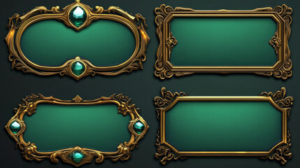 Poster - Game buttons with gold frames in medieval style with gems. Vector cartoon set of blank green rectangle banners with fantasy golden borders isolated on background