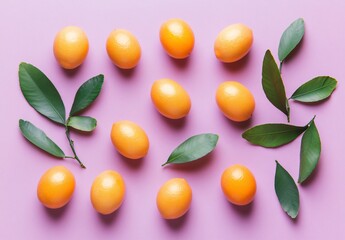 Wall Mural - Vibrant Kumquats and Leaves Flat Lay Purple Background