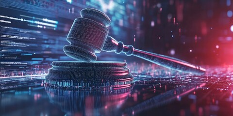 A digital gavel surround by glowing binary code background