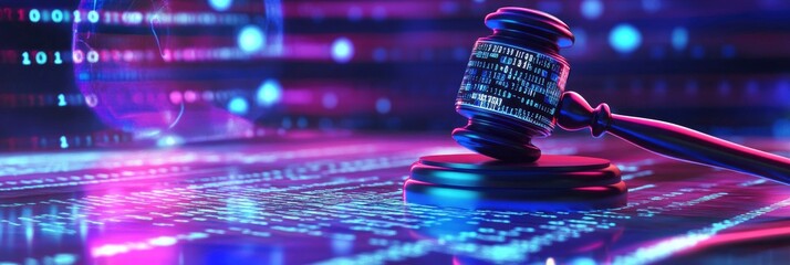 A digital gavel surround by glowing binary code background
