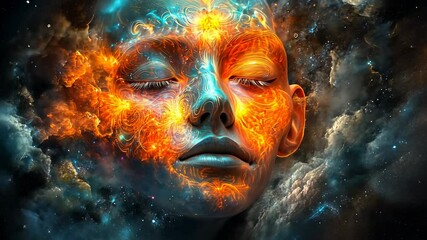 Wall Mural - Cosmic Portrait of a Woman with Fiery and Celestial Elements