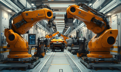 Wall Mural - A modern industrial setting with robotic arms assembling vehicles in a high-tech environment.