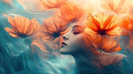 Wall Mural - Serene Woman with Orange Cosmos Flowers: Dreamy Art