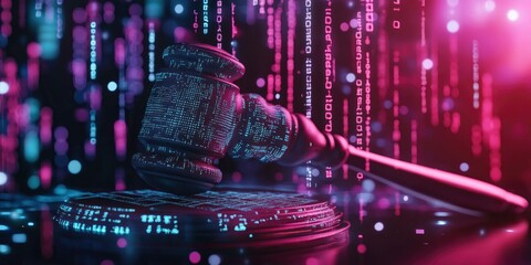 A digital gavel surround by glowing binary code background