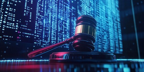 A digital gavel surround by glowing binary code background