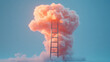 © otter2 - A hyper-realistic image of a solitary ladder leading into a glowing cloud with a delicate peach-pink tint, resting in a minimalist blue-gray backdrop, natural light emphasizing the cloudâ€™s fluffy te