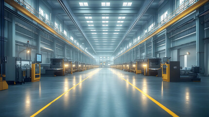 Wall Mural - A spacious industrial warehouse with machinery and bright lighting for manufacturing operations.