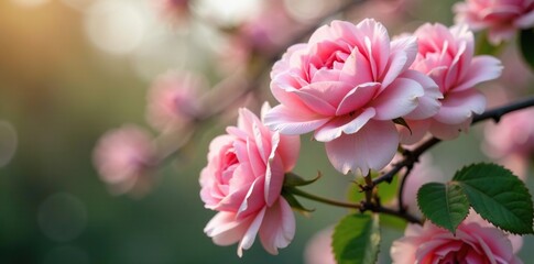 Wall Mural - Delicate pink rose petals cascade down a tree branch, pink roses white flowers, blooming tree, nature photography