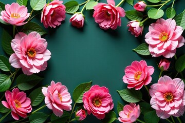 Wall Mural - Floral arrangement with pink flowers and green leaves, green leaves, foliage, flowers