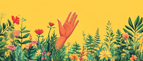 In harmony with nature, human and nature s hand giving a high five, vibrant plants and natural elements, unity concept