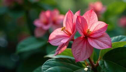 Softly glowing pink flowers unfurl from the stem of a lush green leafy begonia plant, foliage, begonia