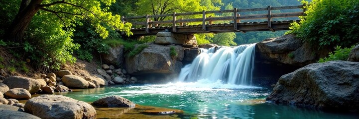 waterfall cascade flowing beneath a weathered wooden bridge, landscape, cascade, bridge