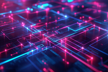 Technology and engineering background. Abstract technological network with glowing nodes and lines. Modern and complex background. Concept of future digital technology, glow of energy. Glow of energy
