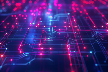 Technology and engineering background. Abstract technological network with glowing nodes and lines. Modern and complex background. Concept of future digital technology, glow of energy. Glow of energy