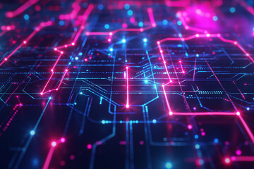Technology and engineering background. Abstract technological network with glowing nodes and lines. Modern and complex background. Concept of future digital technology, glow of energy. Glow of energy