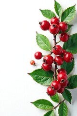 Wall Mural - Red berries and green foliage against a clean white background, isolated, white background, red berries,