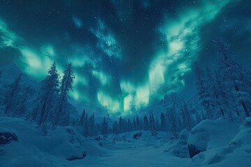 Aurora borealis. Northern lights in winter forest. Sky with polar lights and stars. Night winter landscape with aurora and pine tree forest. Travel concept