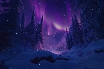 Aurora borealis. Northern lights in winter forest. Sky with polar lights and stars. Night winter landscape with aurora and pine tree forest. Travel concept