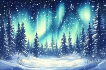 Aurora borealis. Northern lights in winter forest. Sky with polar lights and stars. Night winter landscape with aurora and pine tree forest. Travel concept