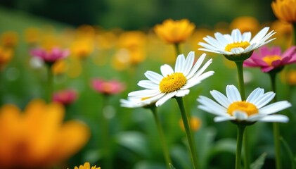 Wall Mural - Daisies growing in a garden bed with lush greenery and vibrant colors, greenery, flower garden, daisy bed