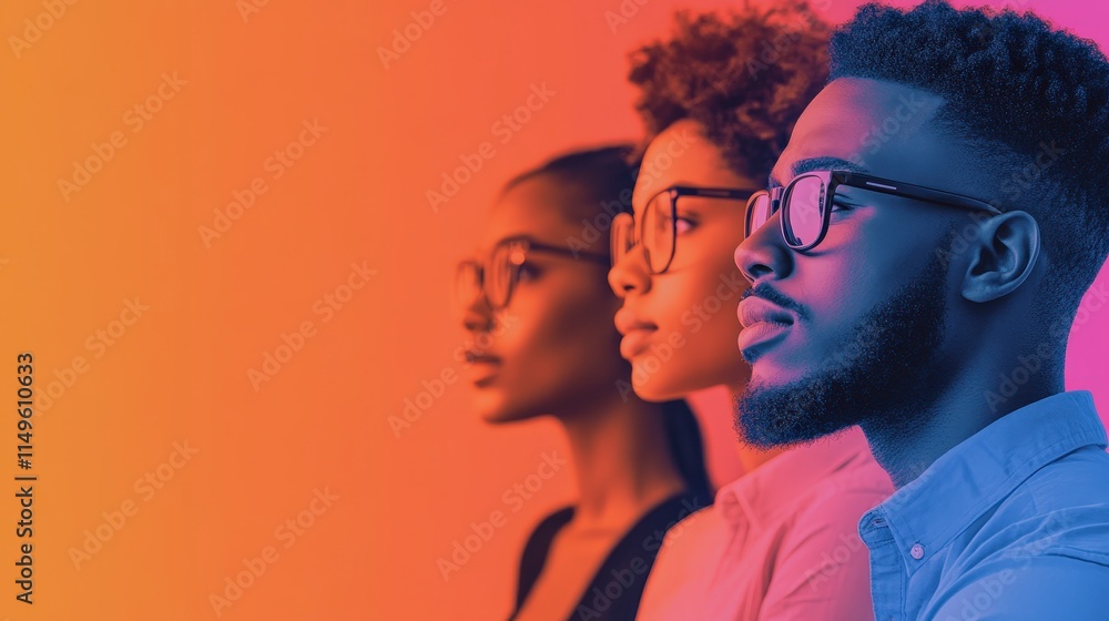 Three Diverse Individuals with Glasses Against a Gradient Background