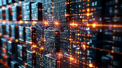 Complex data streams are flowing through a futuristic server room visualization, creating a powerful image of digital information processing and storage
