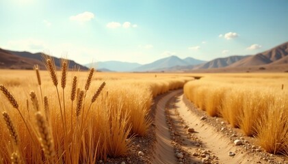 Wall Mural - Wheat crops growing in a dry and barren landscape, dry land, landscape, wheat