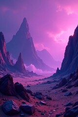 Wall Mural - Dark purple mist over a barren wasteland with jagged rock formations, weightless, sweeping, rocky terrain