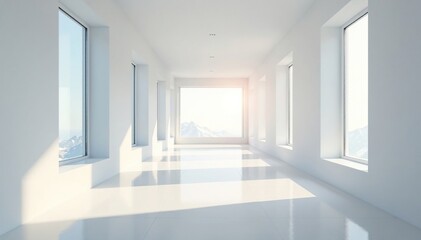 Wall Mural - Long white corridor with large windows open to a bright day, sunny, minimalist decor