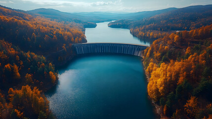 Sticker - Aerial view of a serene lake surrounded by autumn foliage and a dam.