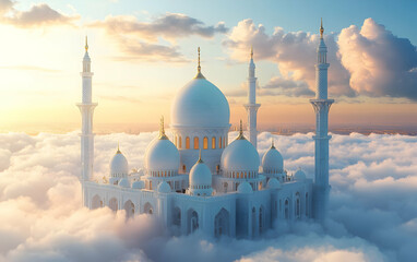 Sticker - A majestic white mosque rises above clouds at sunrise, symbolizing peace and spirituality.