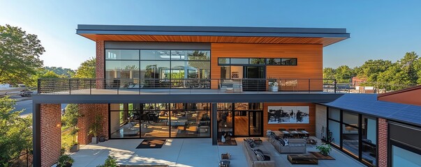 Poster - A residential house with a sleek roof featuring solar panels, highlighting its ecoconscious energy efficiency in a bright, sunny environment