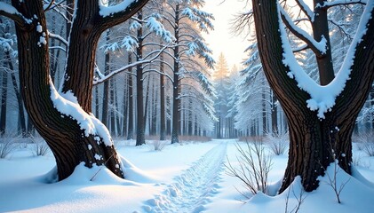 Twisted and gnarled tree trunks in the snowy forest, gnarled, twisted, snow