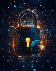 Leinwandbilder - A cyber defense concept background, featuring a digital padlock, secure data transmission, and abstract technology patterns, focused on IT security